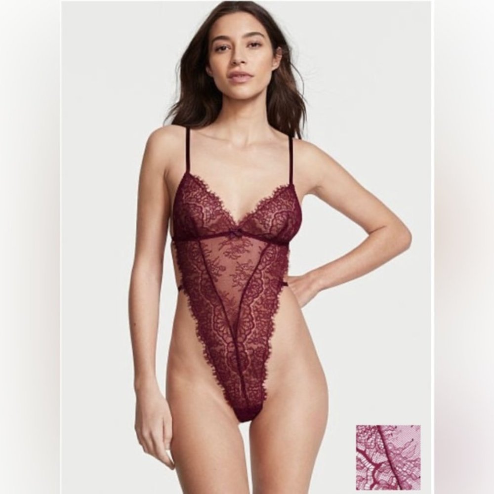 Victoria Secret Unlined Corded Lace Teddy - Burgundy